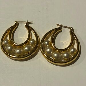 Vintage 1990's Gold-Plated Faux Pearl Latch Back Hoop Earrings